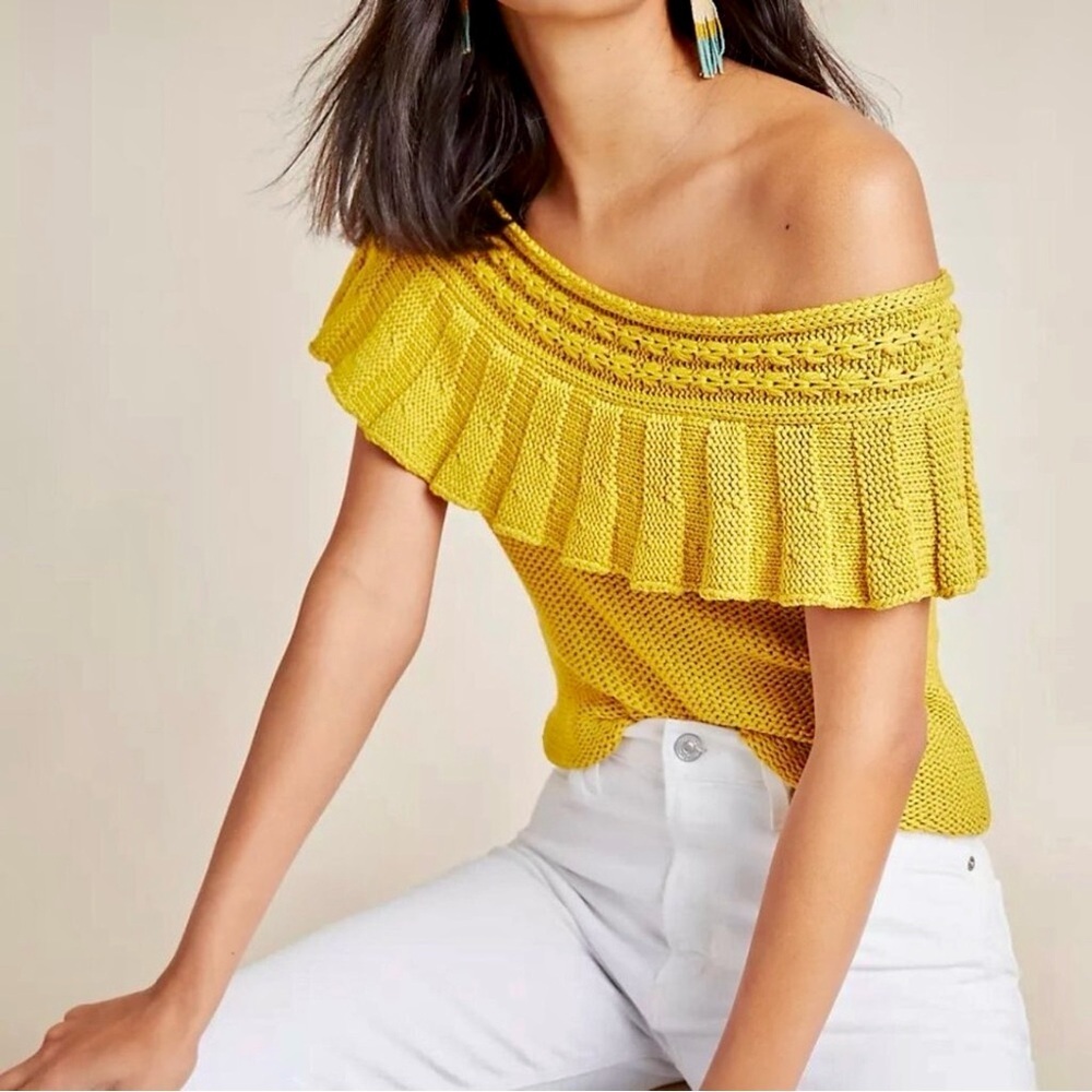 Anthropologie Mustard Yellow Ruffled Off-The-Shoulder Crocheted Sweater Size XS